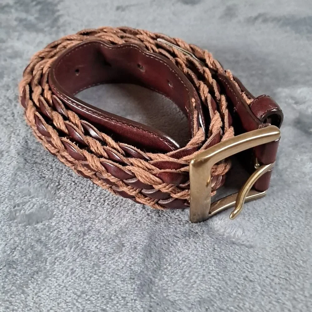 Orvis Braided Brown Leather Belt 42 Brass Buckle